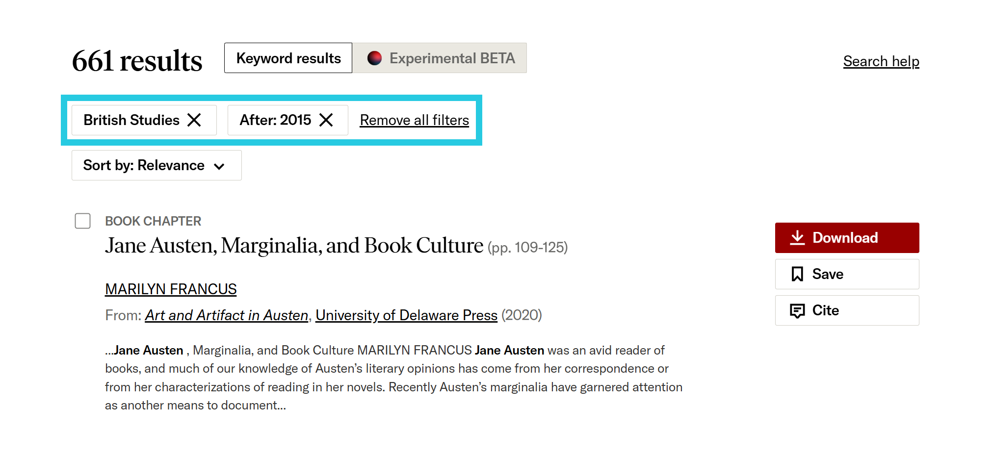 Applied filters on the search results page
