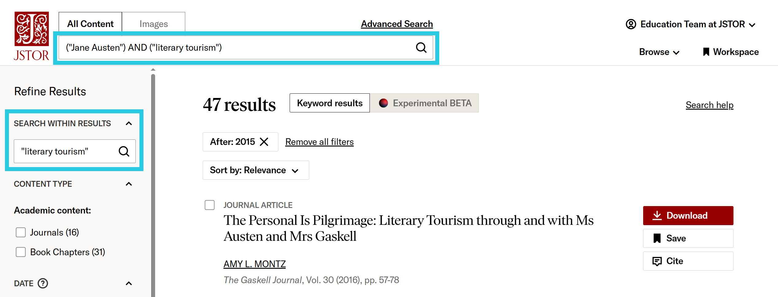 Search within results field in Refine Results sidebar and updated search query in search bar