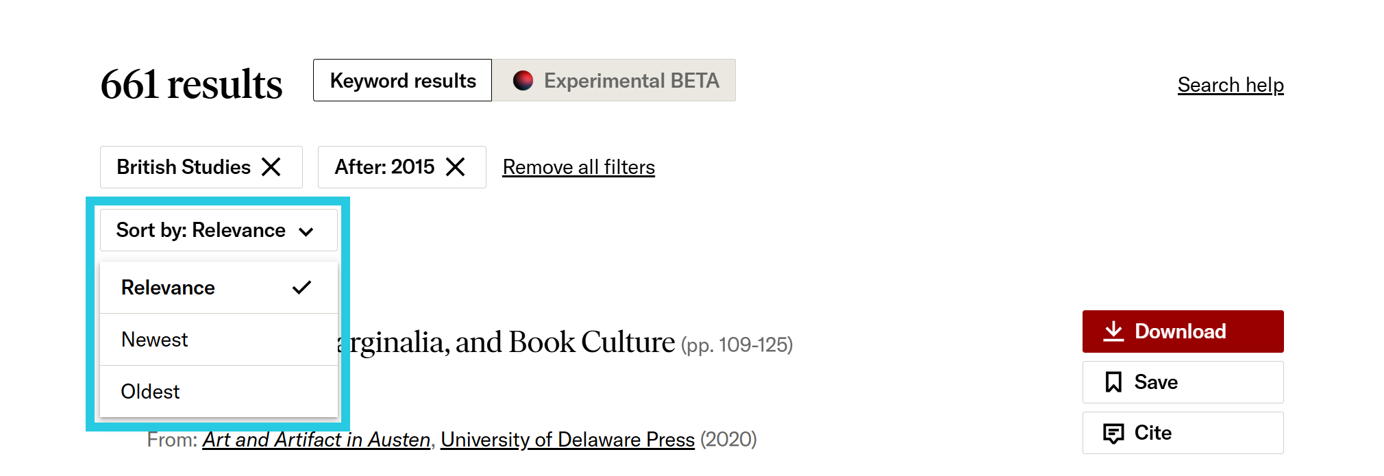 Sort by drop-down menu on the search results page