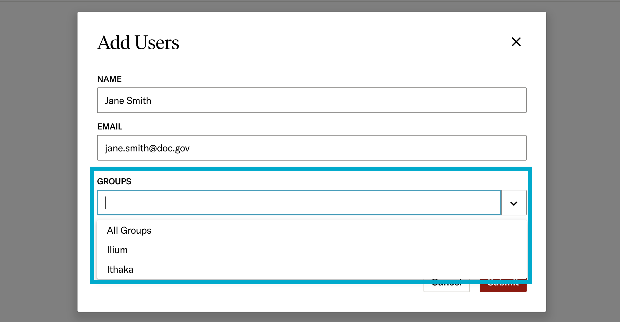 Groups drop-down in Add User menu