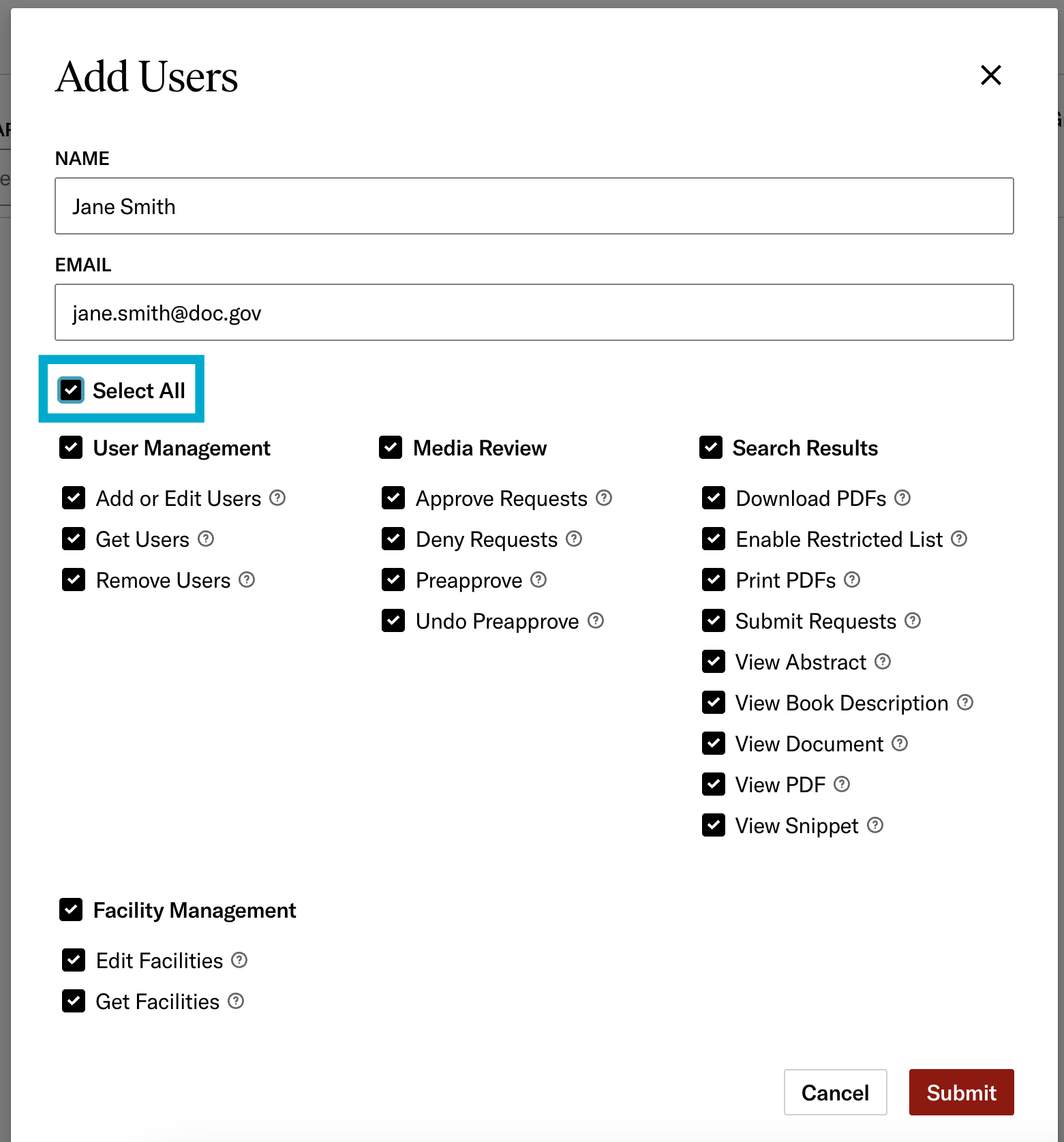 Suggested permissions for an admin user