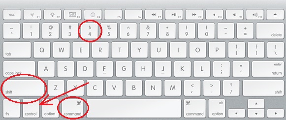 Mac keyboard with Command key, Shift key, and number 4 key circled, an arrow is pointing to control key.