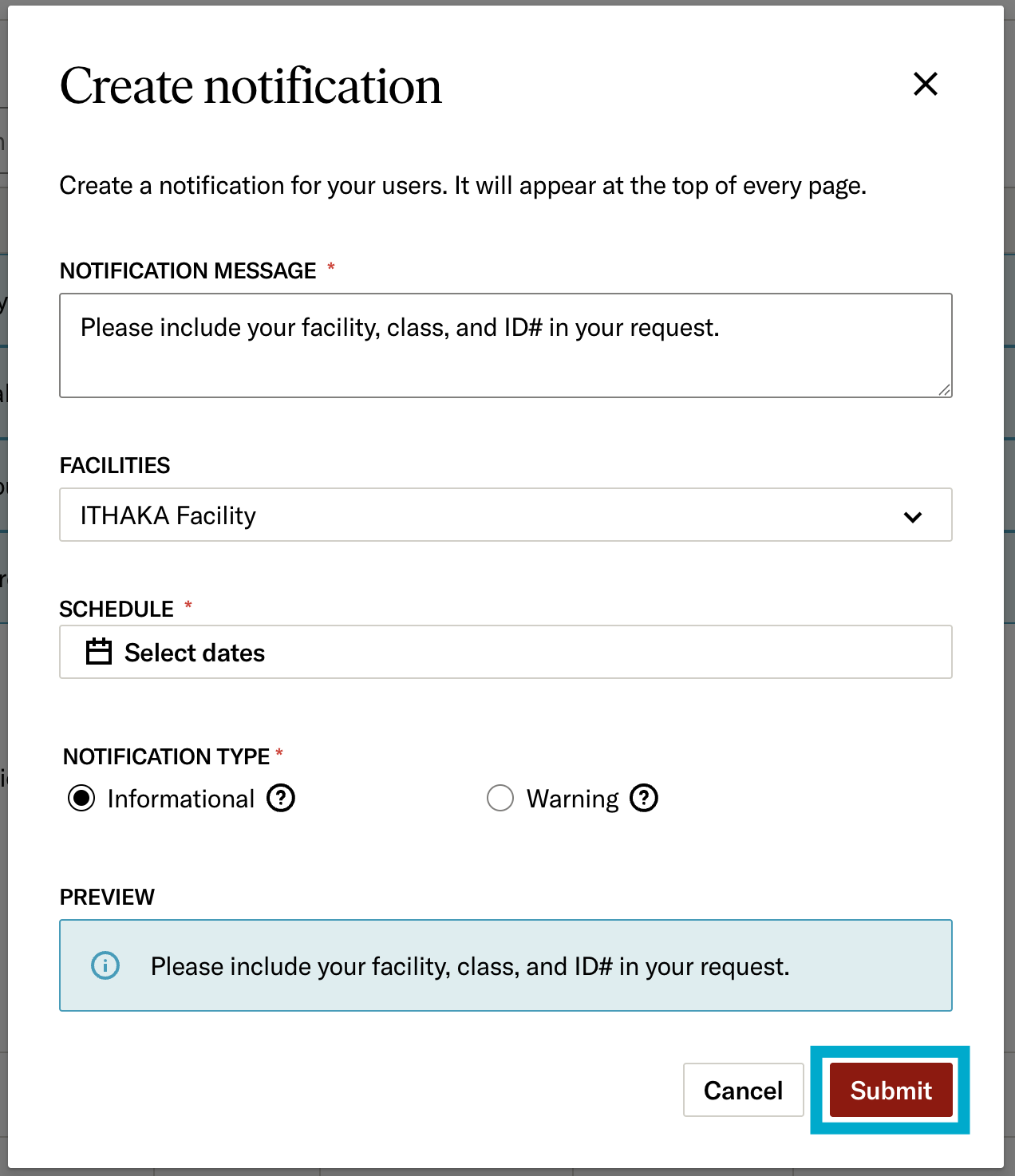 Notification creation menu